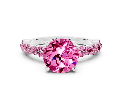 White gold Fancy White Round Cut Pink Sapphire Solitaire with Side Stones, Pave Band, Four-Prong Setting