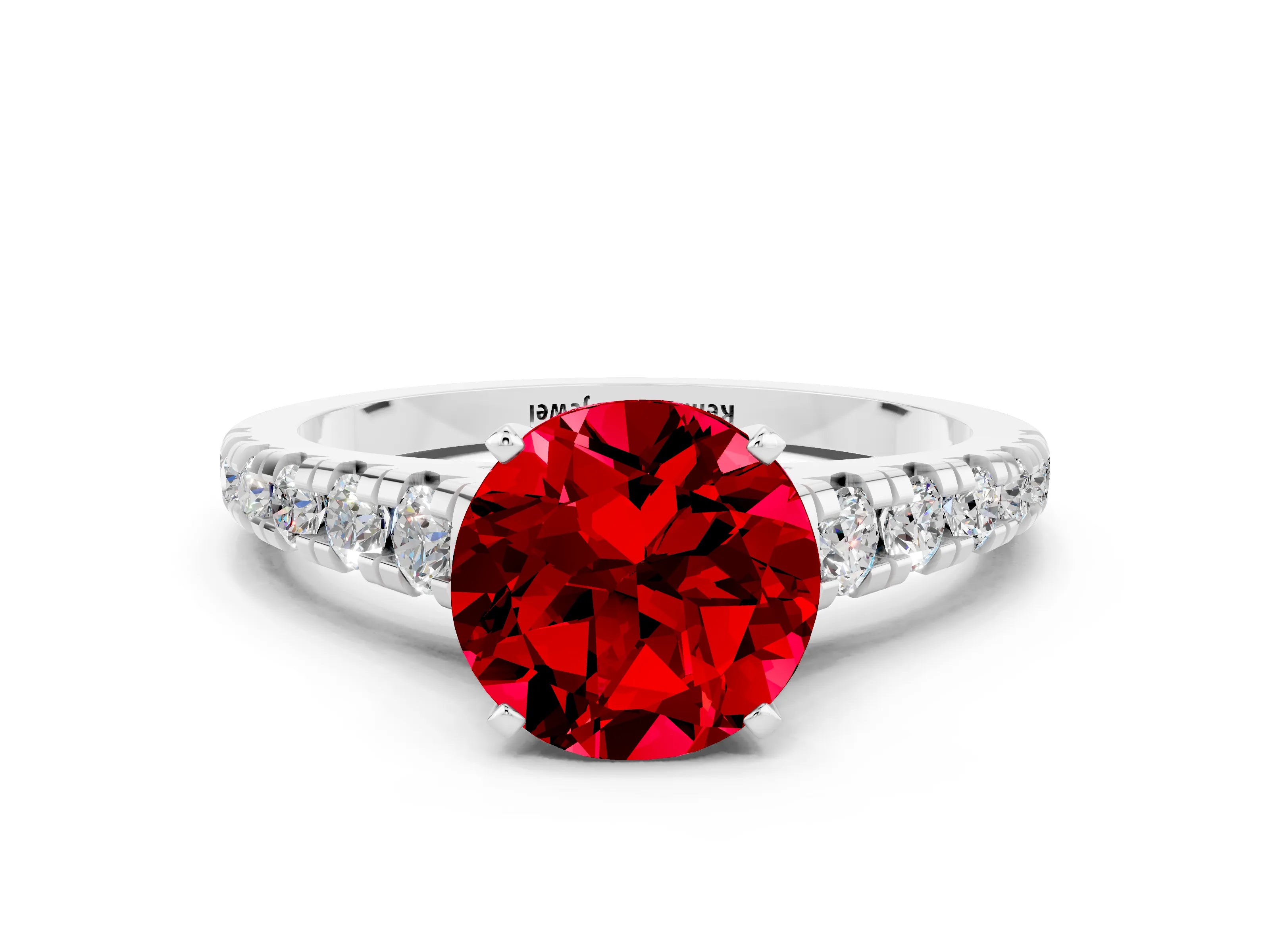 White gold Fancy White Round Cut Ruby Solitaire Ring with Cathedral Setting and Pavé Band