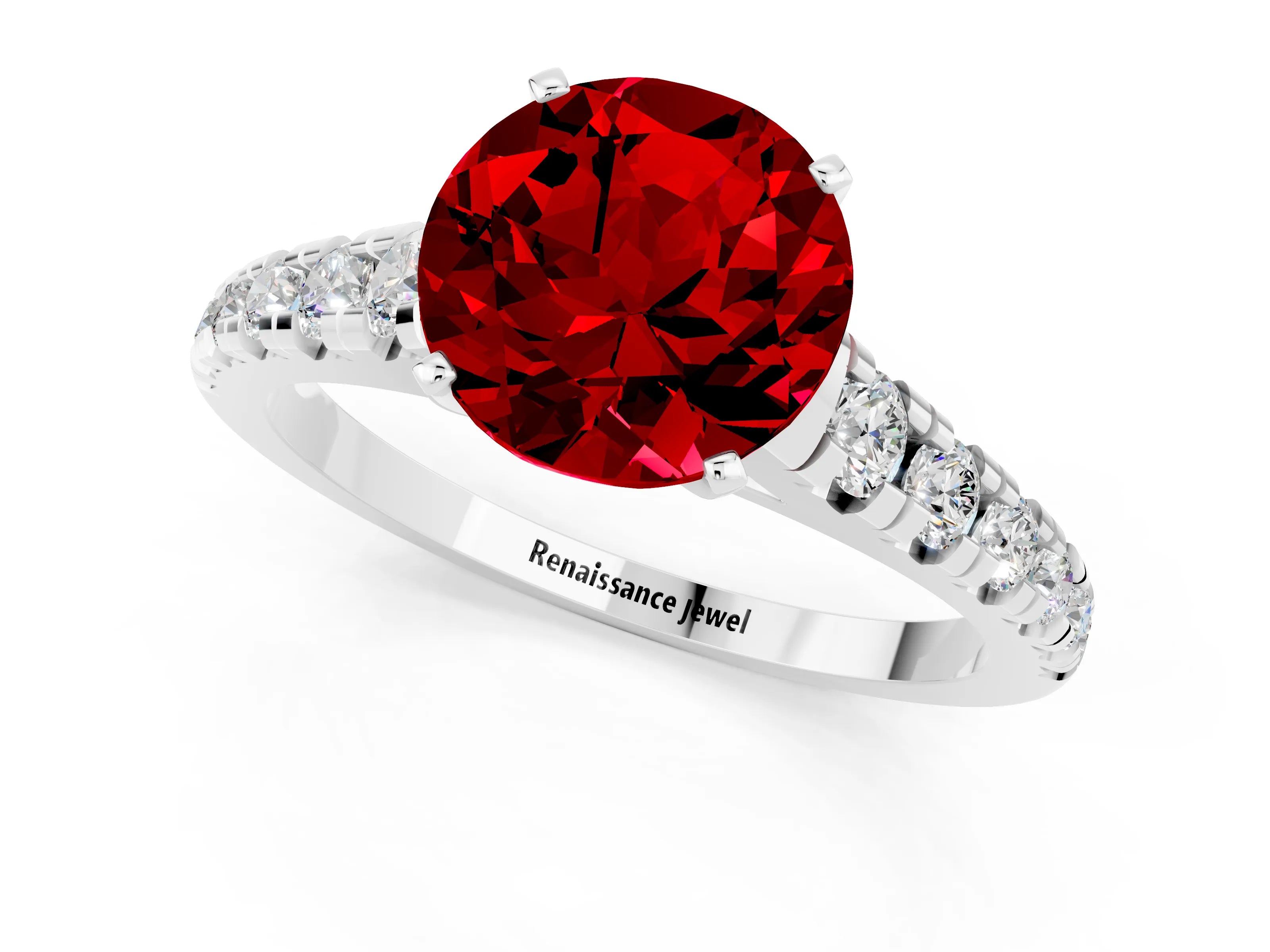 White gold Fancy White Round Cut Ruby Solitaire Ring with Cathedral Setting and Pavé Band_1