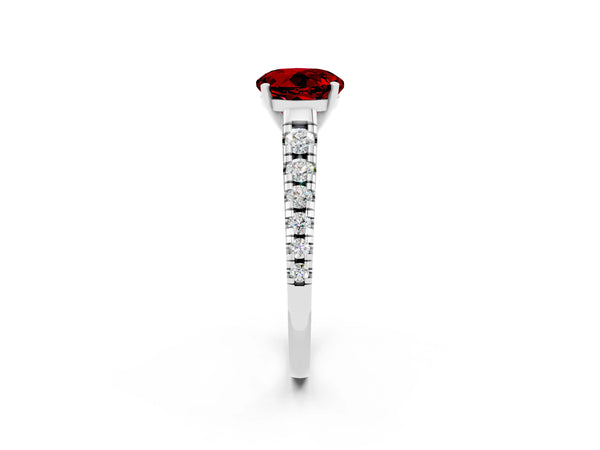 White gold Round Cut Ruby Cathedral Solitaire Ring with Round  Pavé Band