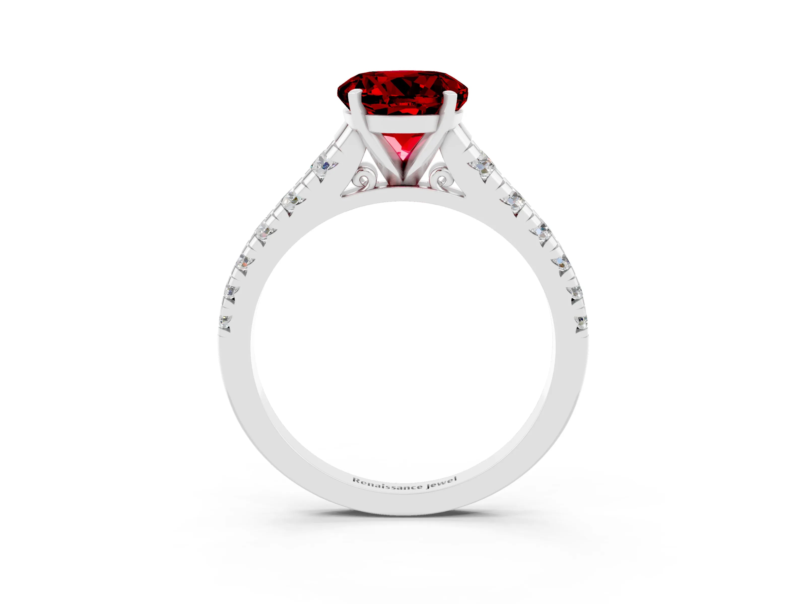White gold Fancy White Round Cut Ruby Solitaire Ring with Cathedral Setting and Pavé Band_3