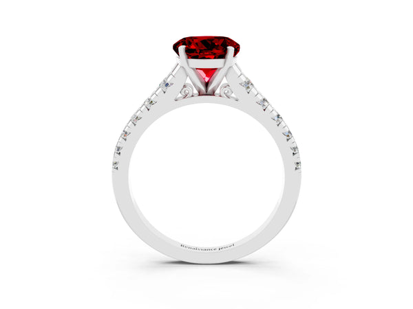 Silver Round Cut Ruby Cathedral Solitaire Ring with Round  Pavé Band