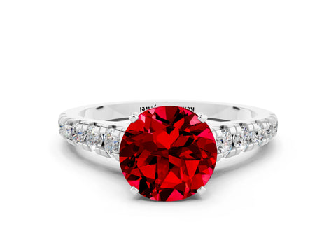 White gold Fancy White Round Cut Ruby Solitaire Ring with Cathedral Setting and Pavé Band
