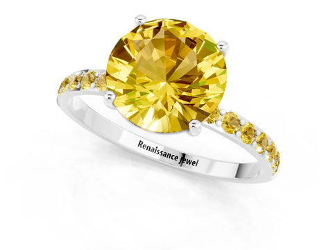 White gold Fancy White Round Cut Yellow Sapphire Solitaire Ring with Pave Band and Four Prong Setting_1