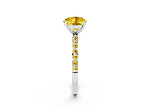 White gold Fancy White Round Cut Yellow Sapphire Solitaire Ring with Pave Band and Four Prong Setting_2