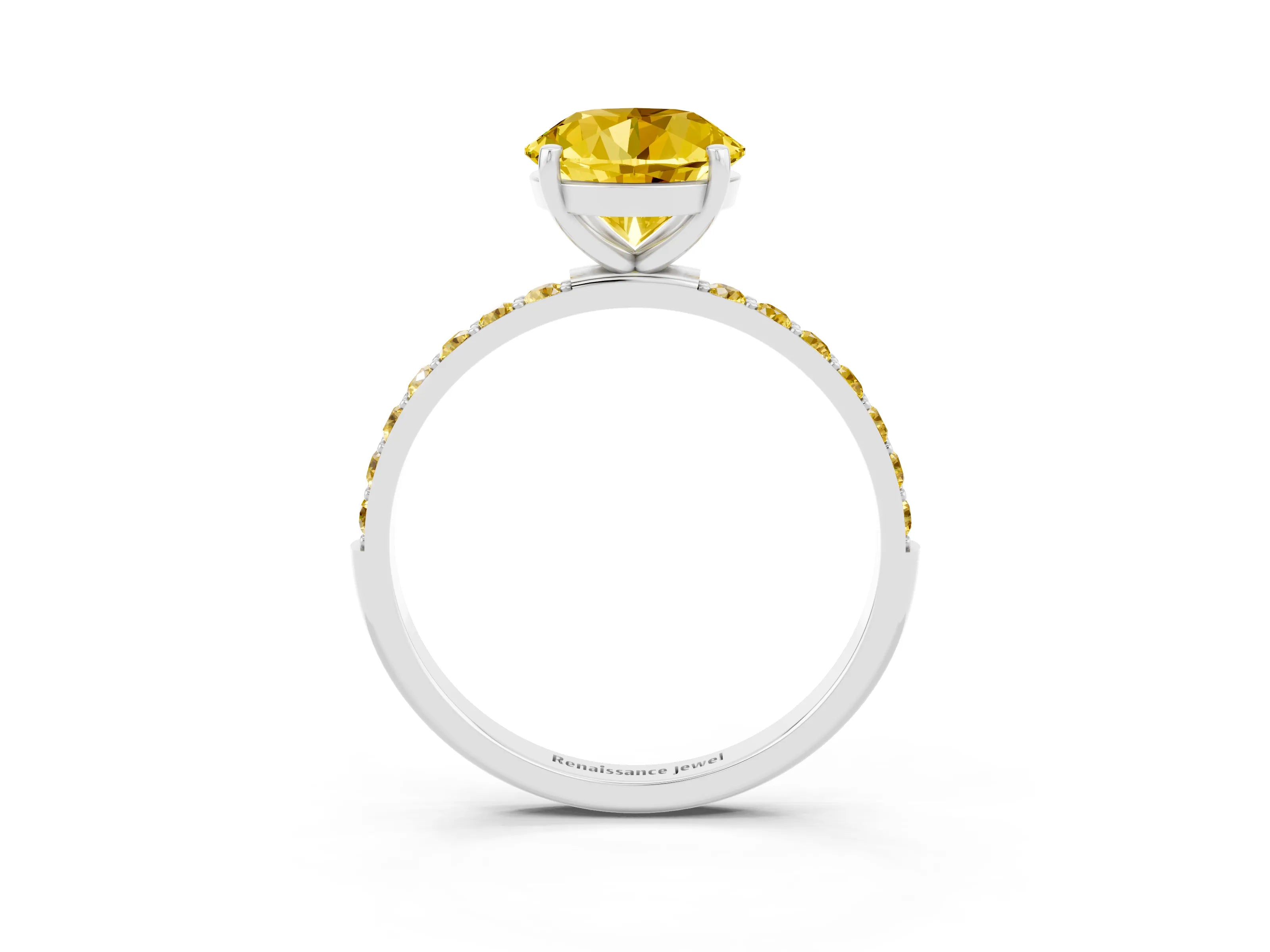 White gold Fancy White Round Cut Yellow Sapphire Solitaire Ring with Pave Band and Four Prong Setting_3