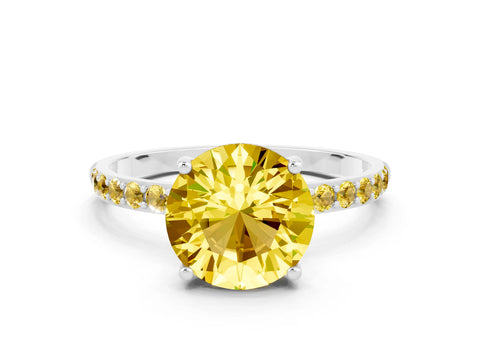 White gold Fancy White Round Cut Yellow Sapphire Solitaire Ring with Pave Band and Four Prong Setting