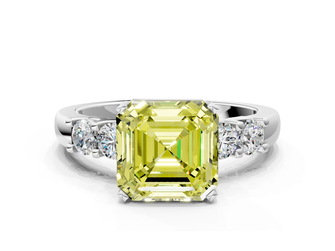 White gold Fancy Yellow Asscher  Brilliant Cut Diamond Five-Stone Prong Set Engagement Ring with Channel Band_17