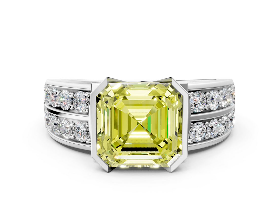 White gold Fancy Yellow Asscher  Brilliant Diamond Channel Set Wide Band Ring with Bezel Setting