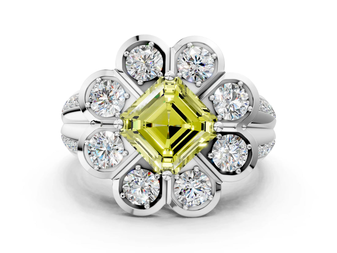 White gold Fancy Yellow Asscher  Brilliant Flower Halo Diamond Split Shank Ring_93