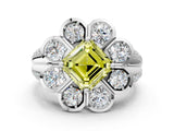 White gold Fancy Yellow Asscher  Brilliant Flower Halo Diamond Split Shank Ring_93