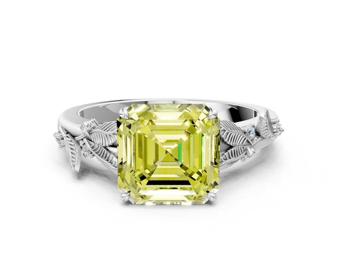 White gold Fancy Yellow Asscher  Brilliant Solitaire with Leaf Motif Band and Four-Prong Setting