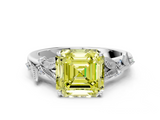 White gold Fancy Yellow Asscher  Brilliant Solitaire with Leaf Motif Band and Four-Prong Setting