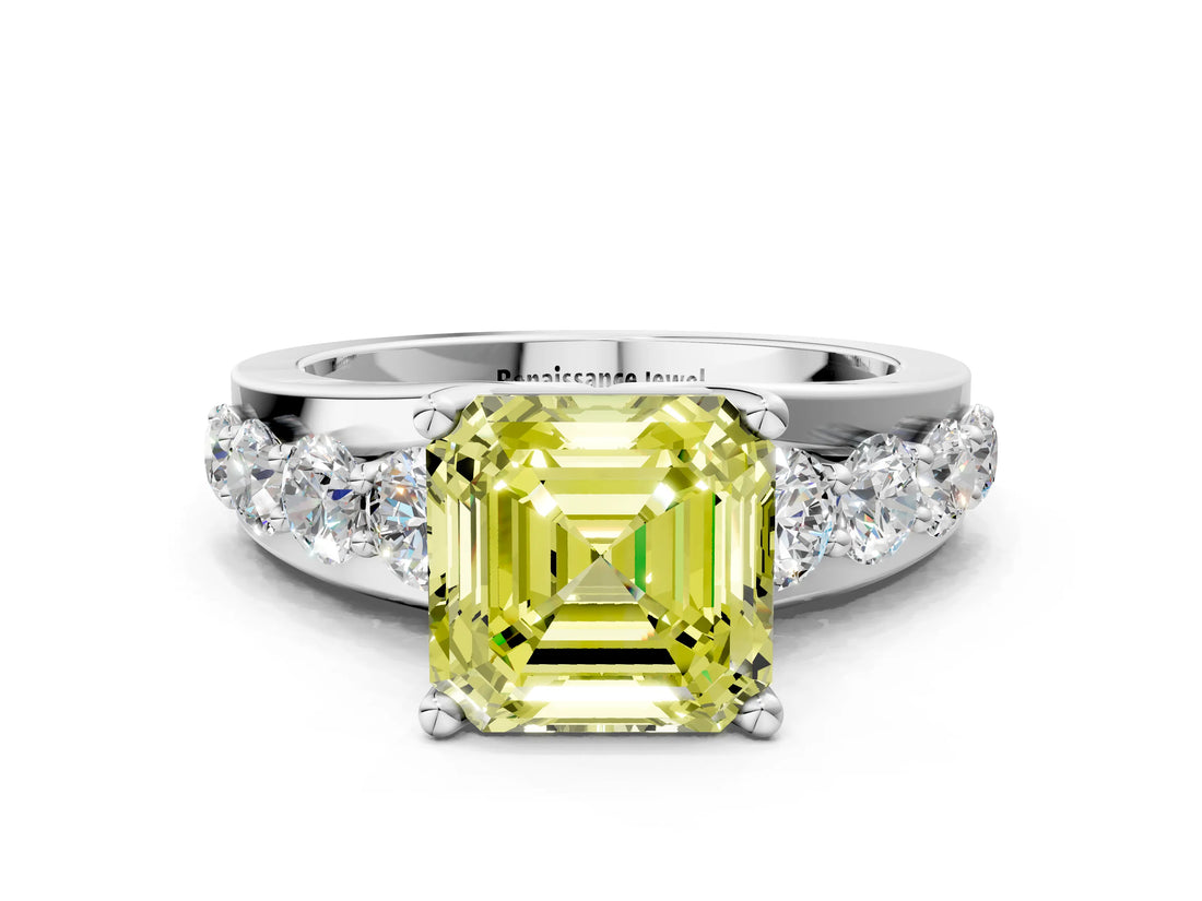 White gold Fancy Yellow Asscher  Brilliant Solitaire with Side Stones on a Pave Band and Four-Prong Setting_53