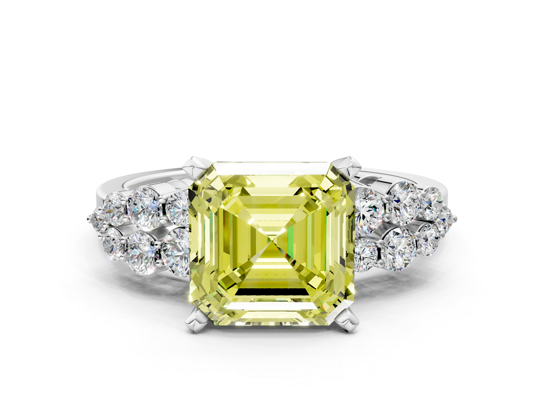 White gold Fancy Yellow Asscher  Cluster Diamond Engagement Ring with Pavé Band and Four-Prong Setting_17