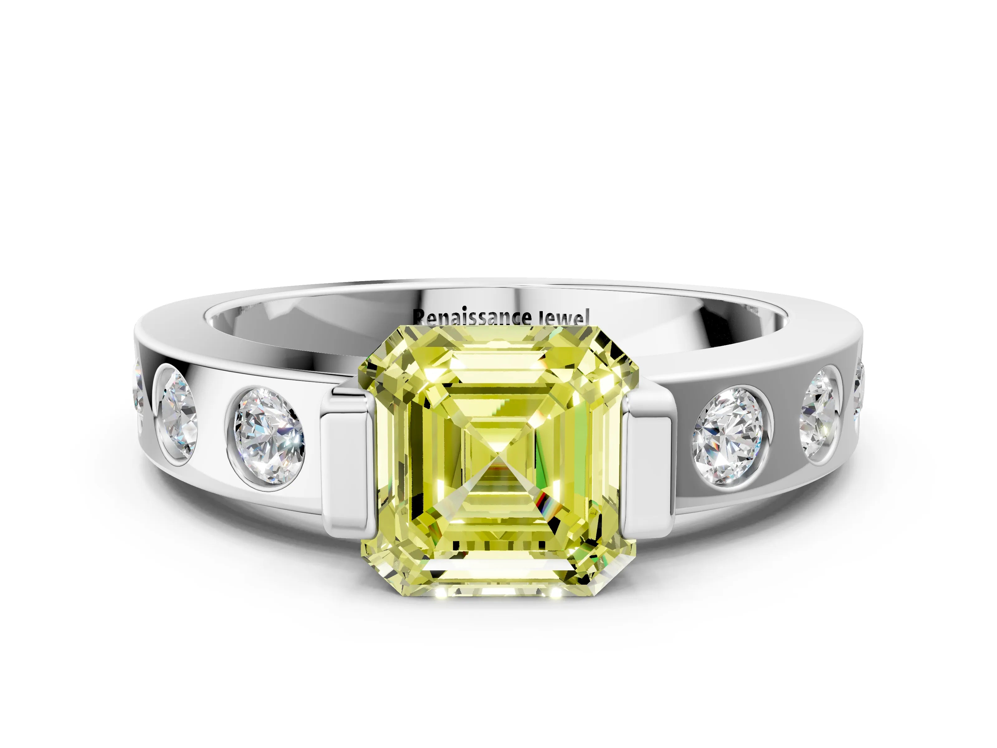 White gold Fancy Yellow Asscher Cut Brilliant Channel-Set Diamond Ring with Bezel Prong Setting_12