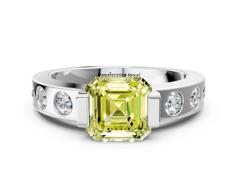 White gold Fancy Yellow Asscher Cut Brilliant Channel-Set Diamond Ring with Bezel Prong Setting_12