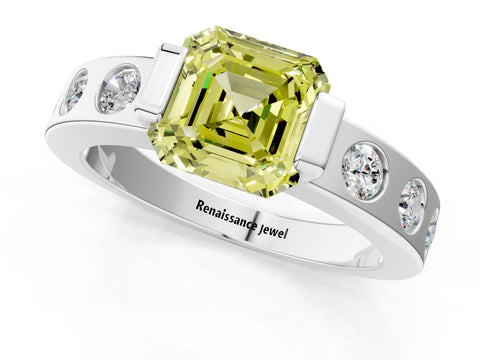 White gold Fancy Yellow Asscher Cut Brilliant Channel-Set Diamond Ring with Bezel Prong Setting_13
