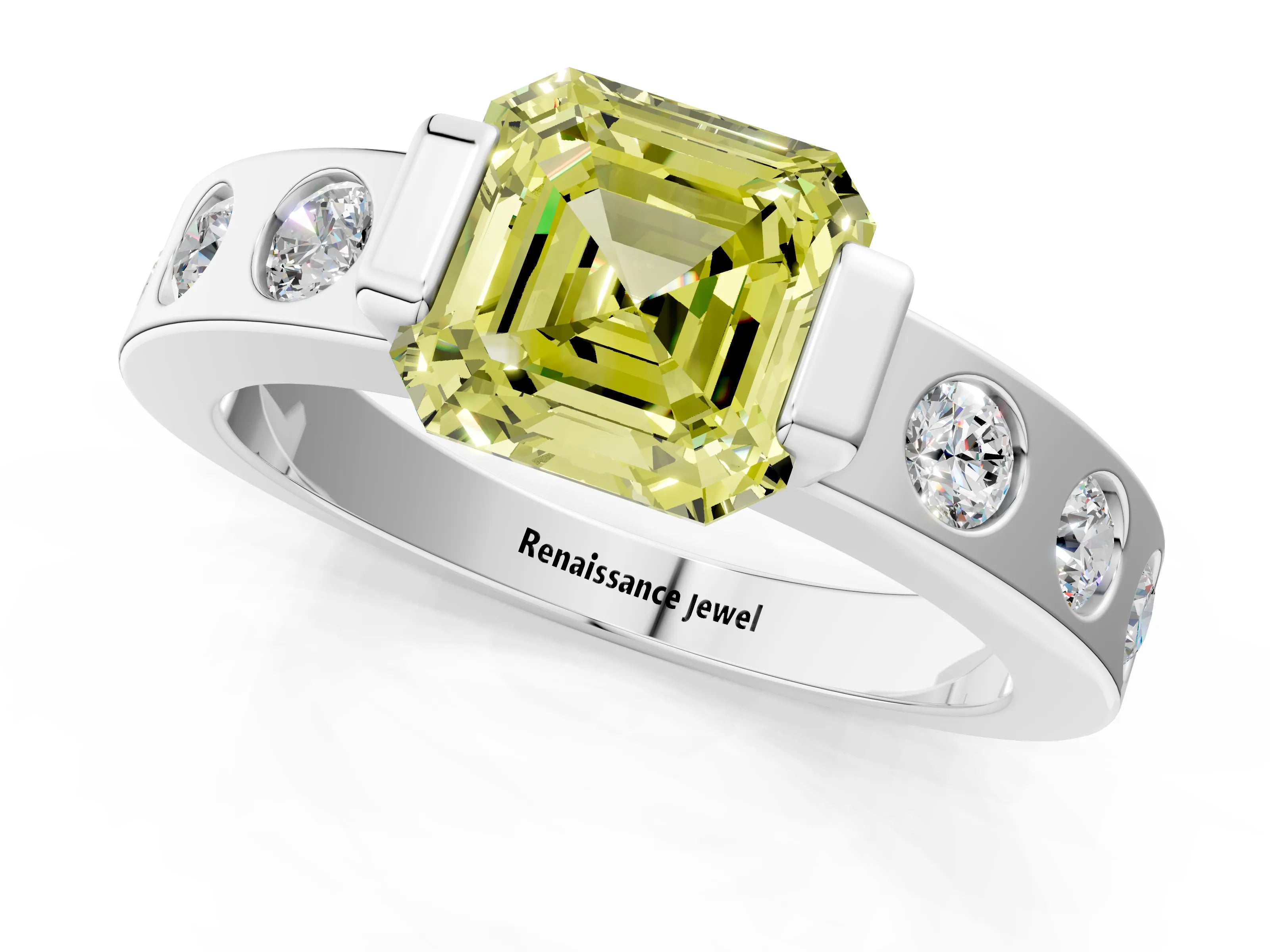 White gold Fancy Yellow Asscher Cut Brilliant Channel-Set Diamond Ring with Bezel Prong Setting_13