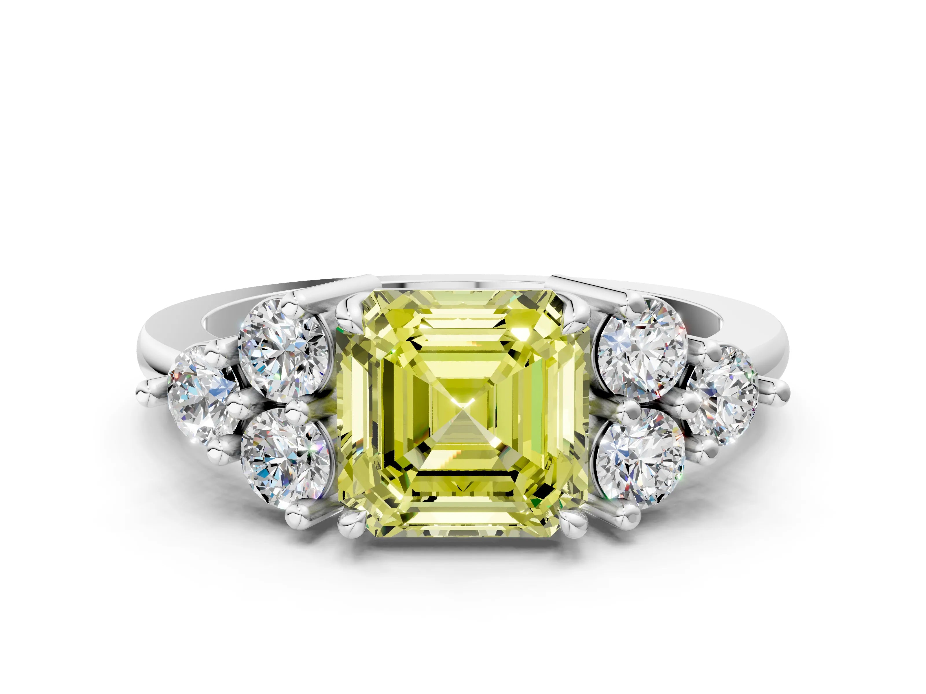 White gold Fancy Yellow Asscher Cut Brilliant Diamond Cluster Accent Solitaire Ring with Prong Setting