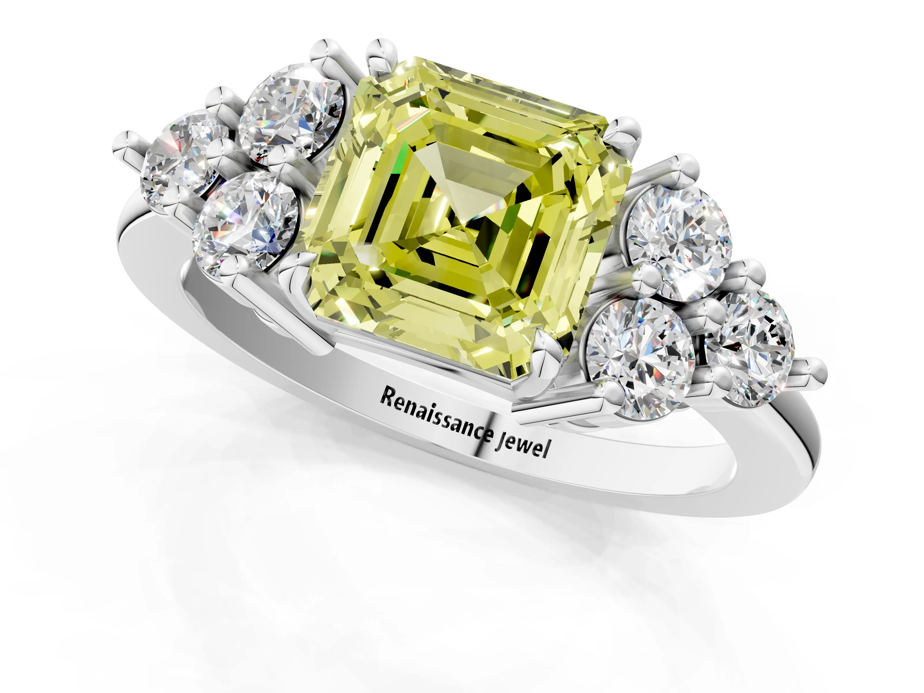 White gold Fancy Yellow Asscher Cut Brilliant Diamond Cluster Accent Solitaire Ring with Prong Setting_1