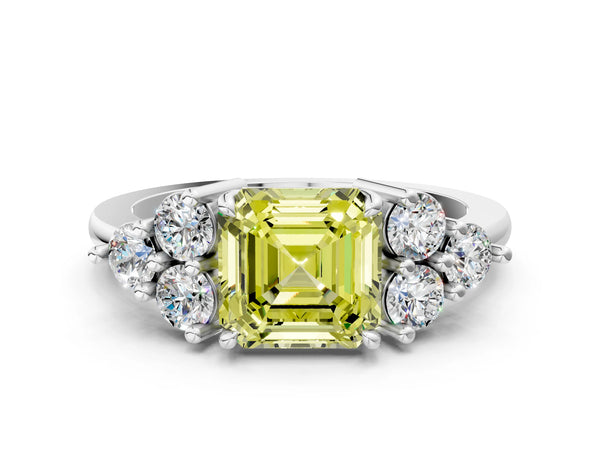 Platinum Asscher Cut Cluster Side Stone Engagement Ring Setting for Fancy Yellow Center