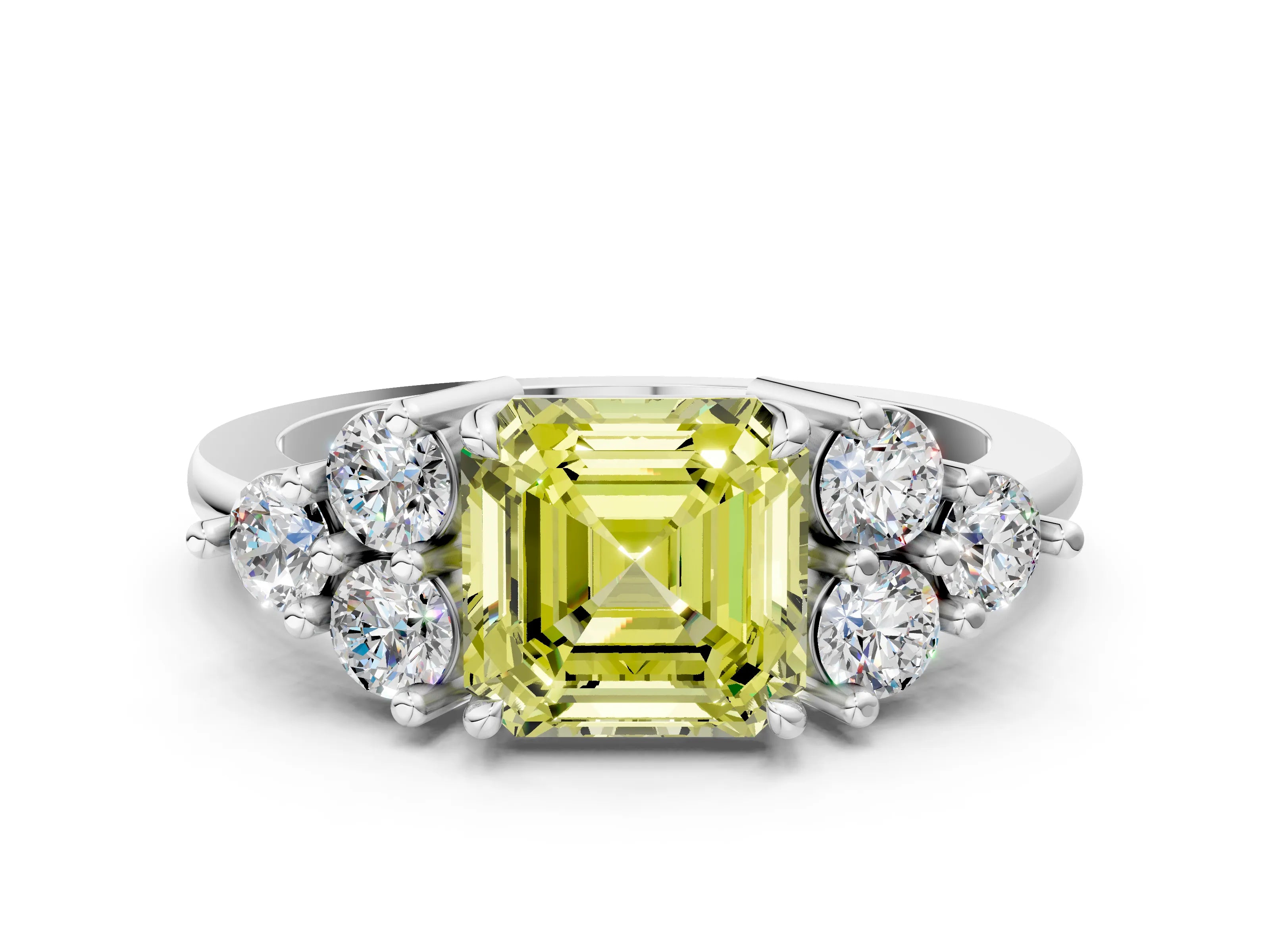 White gold Fancy Yellow Asscher Cut Brilliant Diamond Cluster Accent Solitaire Ring with Prong Setting_24