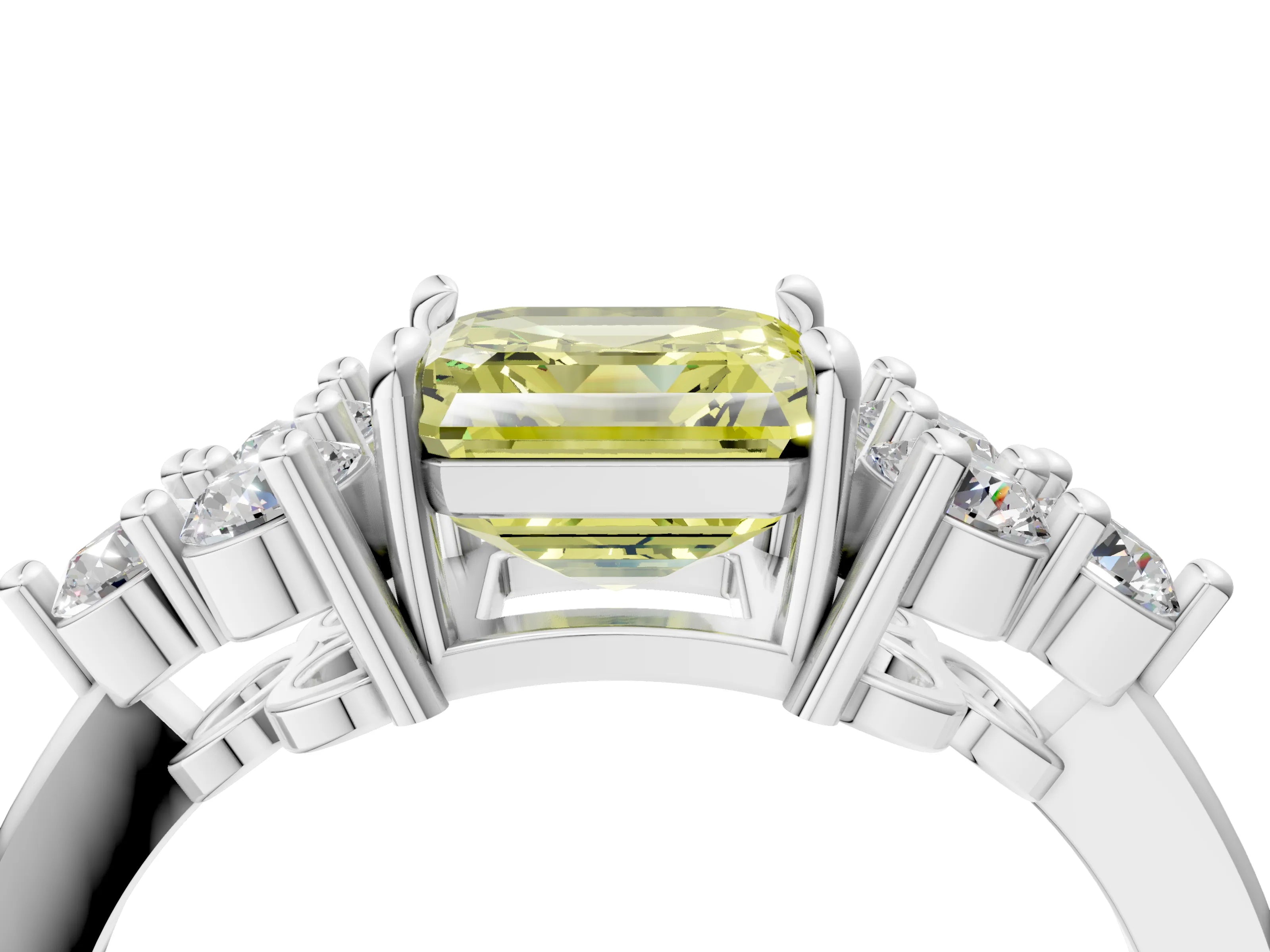 White gold Fancy Yellow Asscher Cut Brilliant Diamond Cluster Accent Solitaire Ring with Prong Setting_28