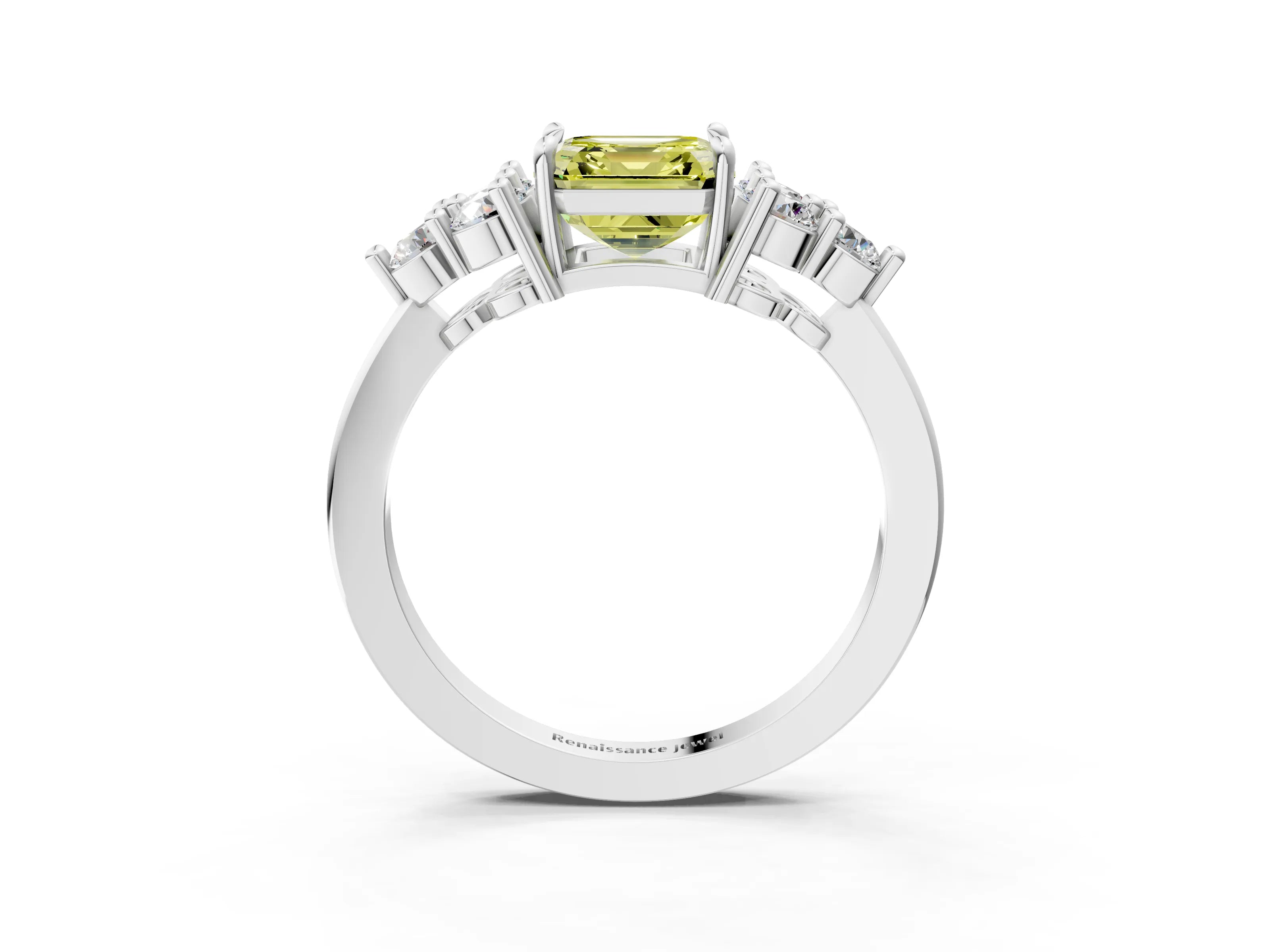 White gold Fancy Yellow Asscher Cut Brilliant Diamond Cluster Accent Solitaire Ring with Prong Setting_3