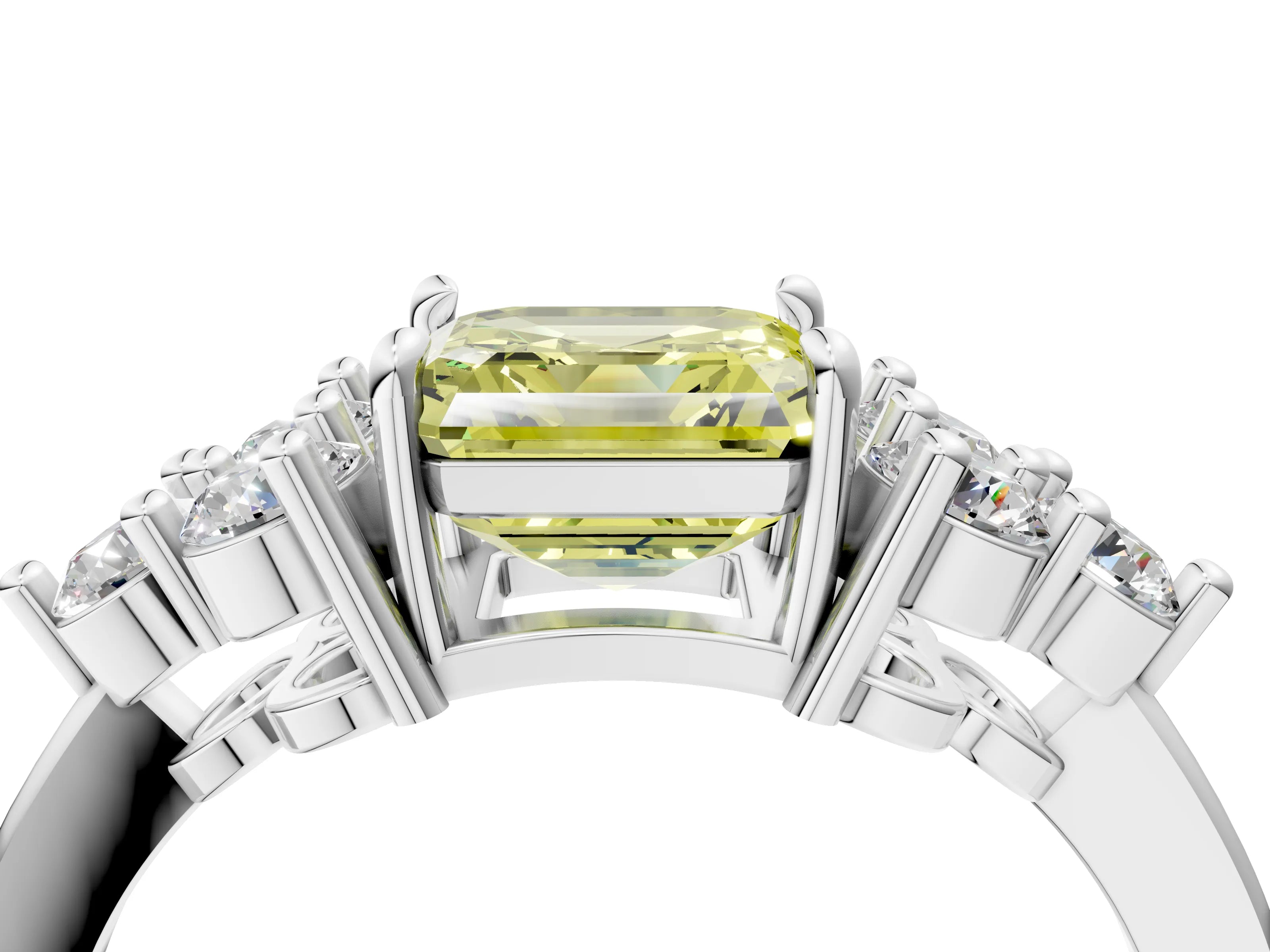 White gold Fancy Yellow Asscher Cut Brilliant Diamond Cluster Accent Solitaire Ring with Prong Setting_4