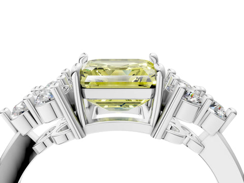 White gold Fancy Yellow Asscher Cut Brilliant Diamond Cluster Accent Solitaire Ring with Prong Setting_4