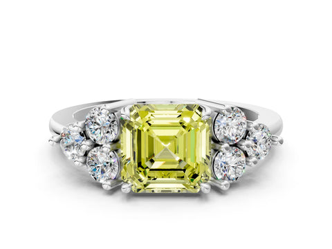 White gold Fancy Yellow Asscher Cut Brilliant Diamond Cluster Accent Solitaire Ring with Prong Setting