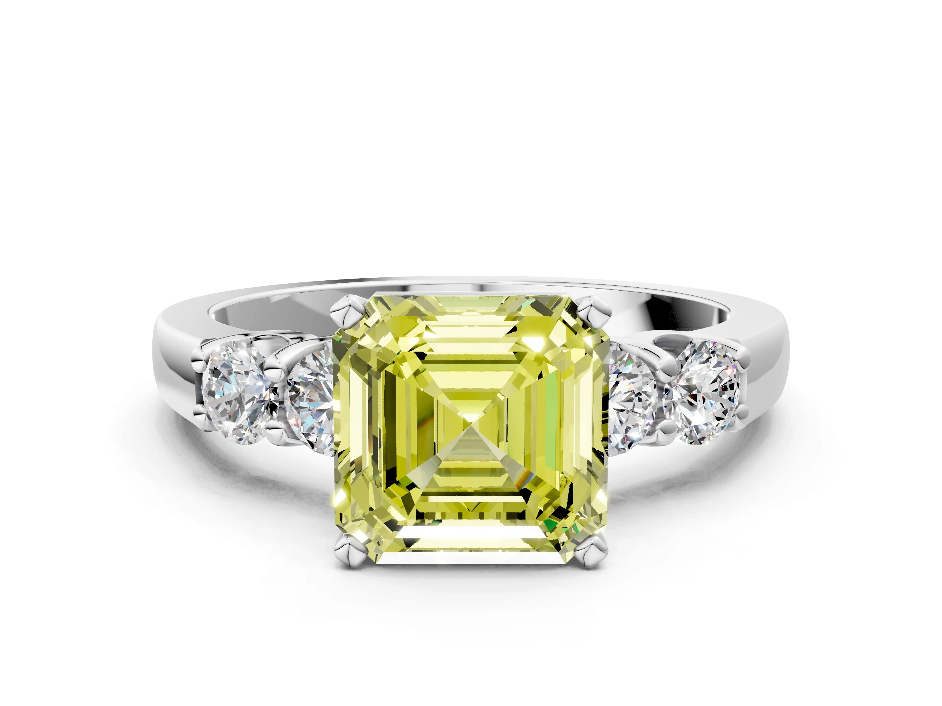 White gold Fancy Yellow Asscher Cut Brilliant Diamond Five-Stone Engagement Ring with Prong Setting on a Classic Band_3