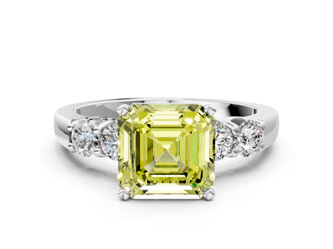 White gold Fancy Yellow Asscher Cut Brilliant Diamond Five-Stone Engagement Ring with Prong Setting on a Classic Band_3