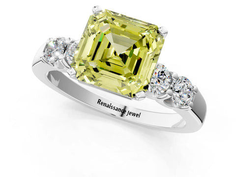 White gold Fancy Yellow Asscher Cut Brilliant Diamond Five-Stone Engagement Ring with Prong Setting on a Classic Band_4