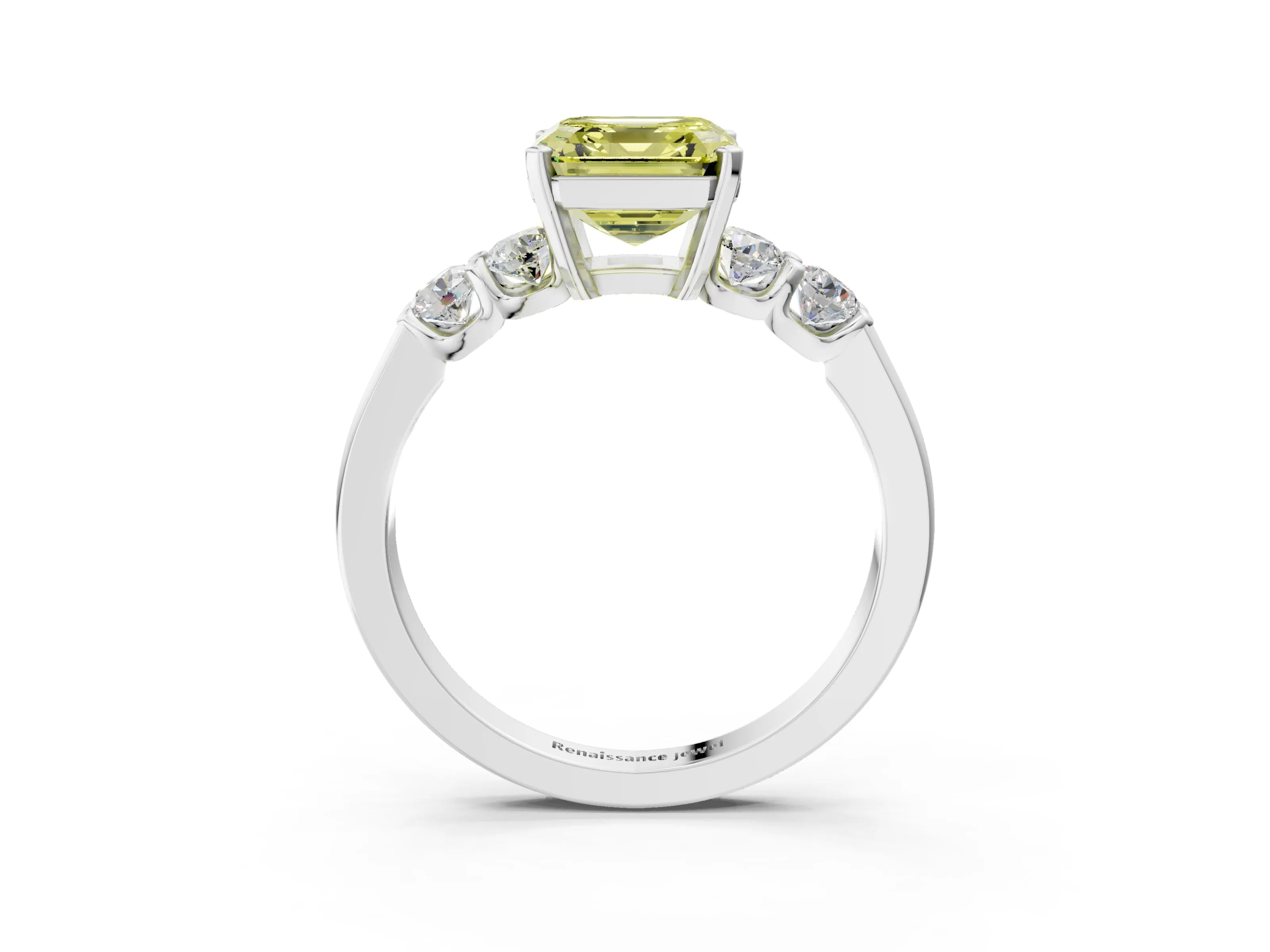White gold Fancy Yellow Asscher Cut Brilliant Diamond Five-Stone Engagement Ring with Prong Setting on a Classic Band_6