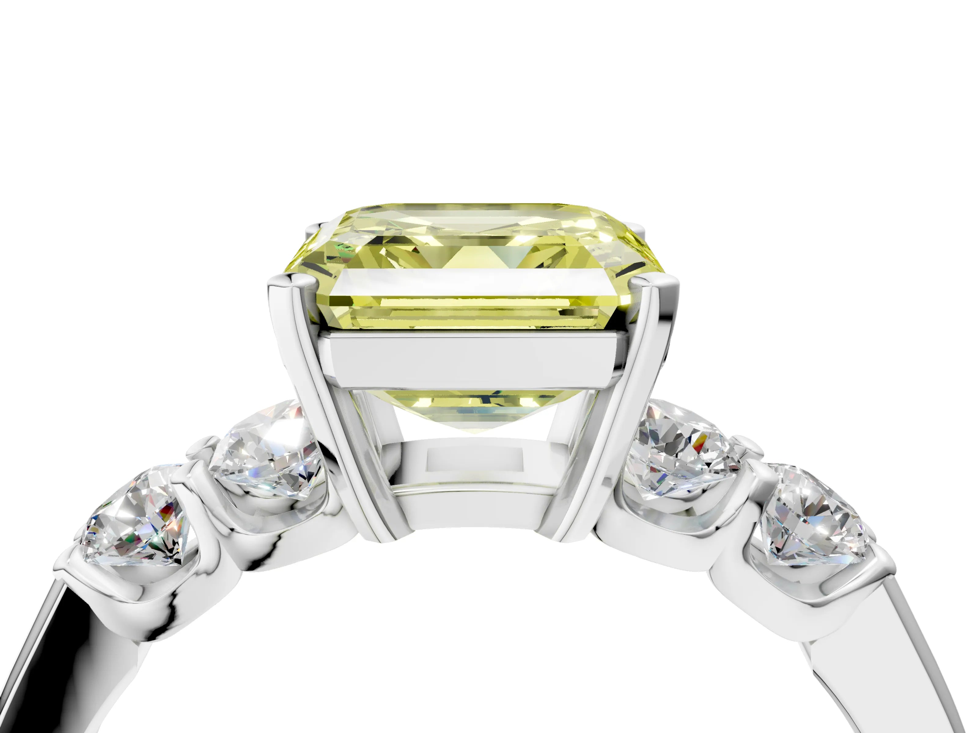 White gold Fancy Yellow Asscher Cut Brilliant Diamond Five-Stone Engagement Ring with Prong Setting on a Classic Band_7