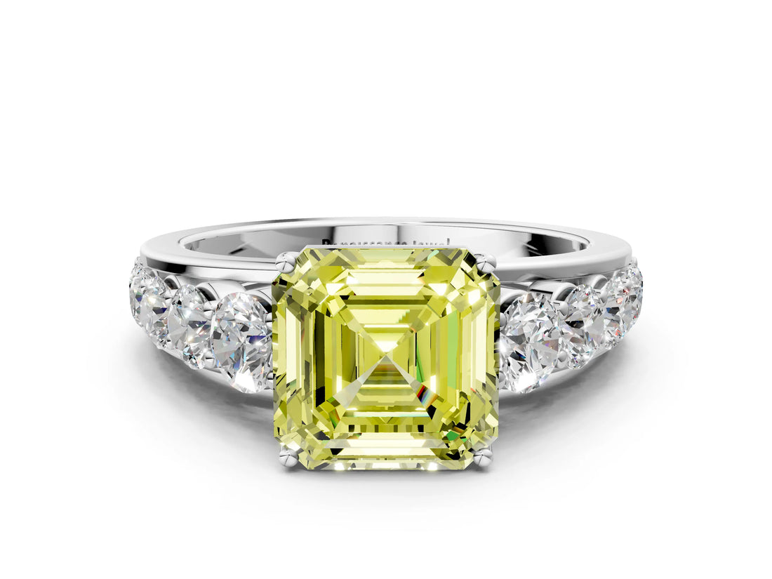 White gold Fancy Yellow Asscher Cut Brilliant Diamond Pavé Band with Six-Prong Setting_12