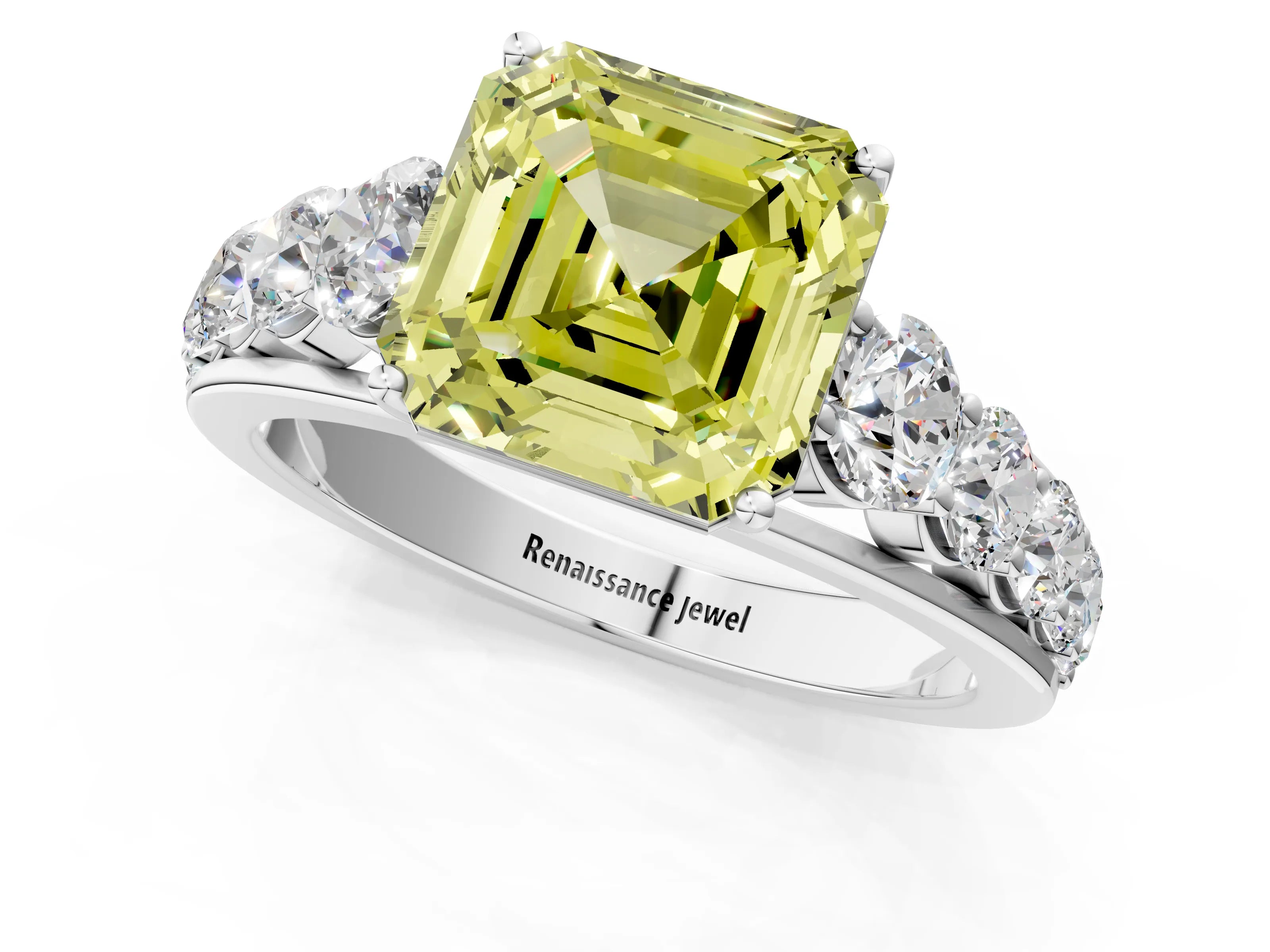 White gold Fancy Yellow Asscher Cut Brilliant Diamond Pavé Band with Six-Prong Setting_1
