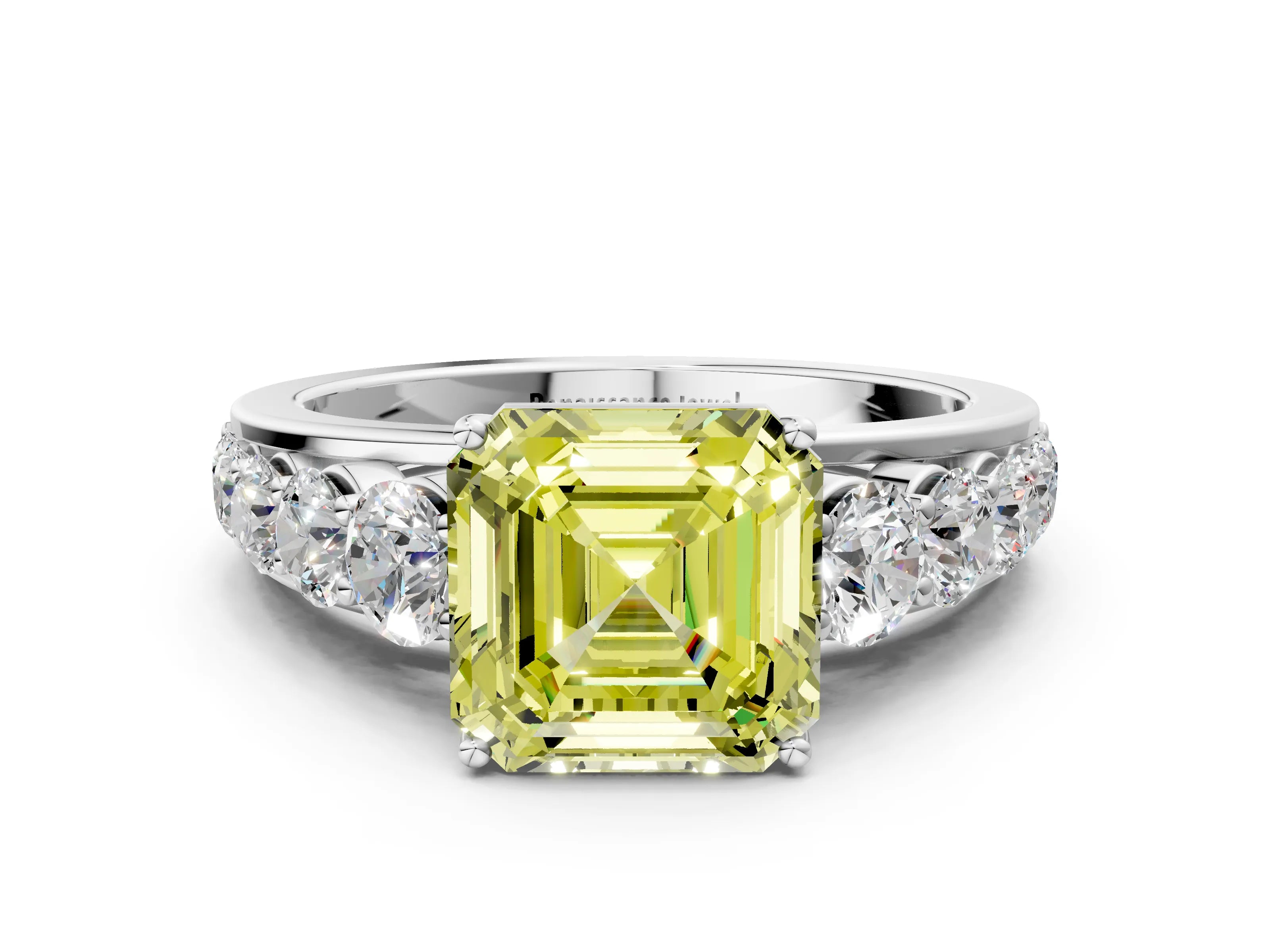 White gold Fancy Yellow Asscher Cut Brilliant Diamond Pavé Band with Six-Prong Setting