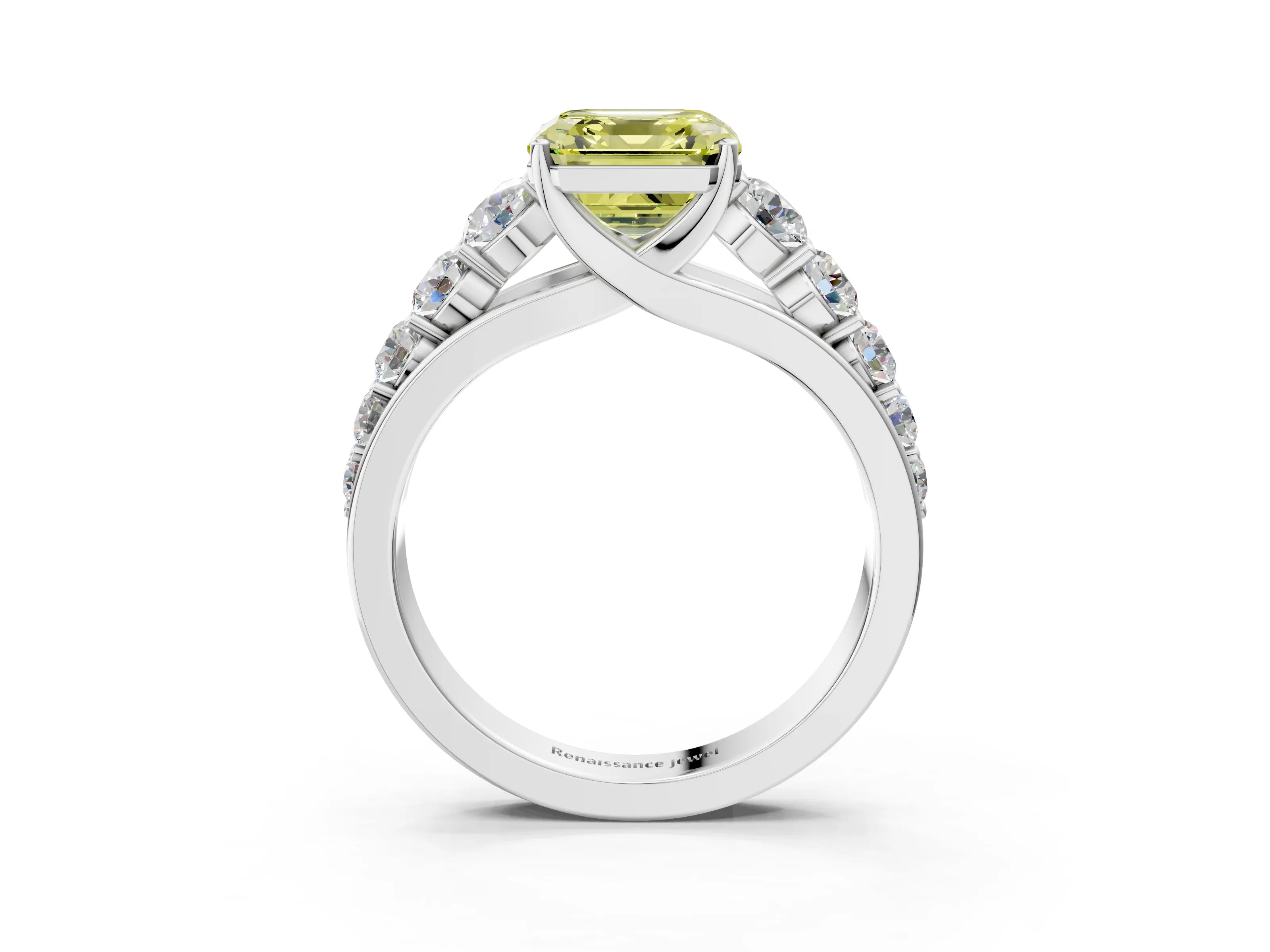 White gold Fancy Yellow Asscher Cut Brilliant Diamond Pavé Band with Six-Prong Setting_3