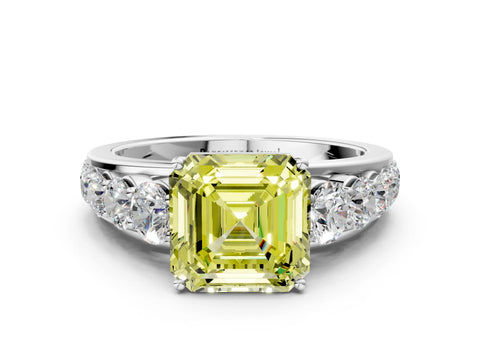 White gold Fancy Yellow Asscher Cut Brilliant Diamond Pavé Band with Six-Prong Setting