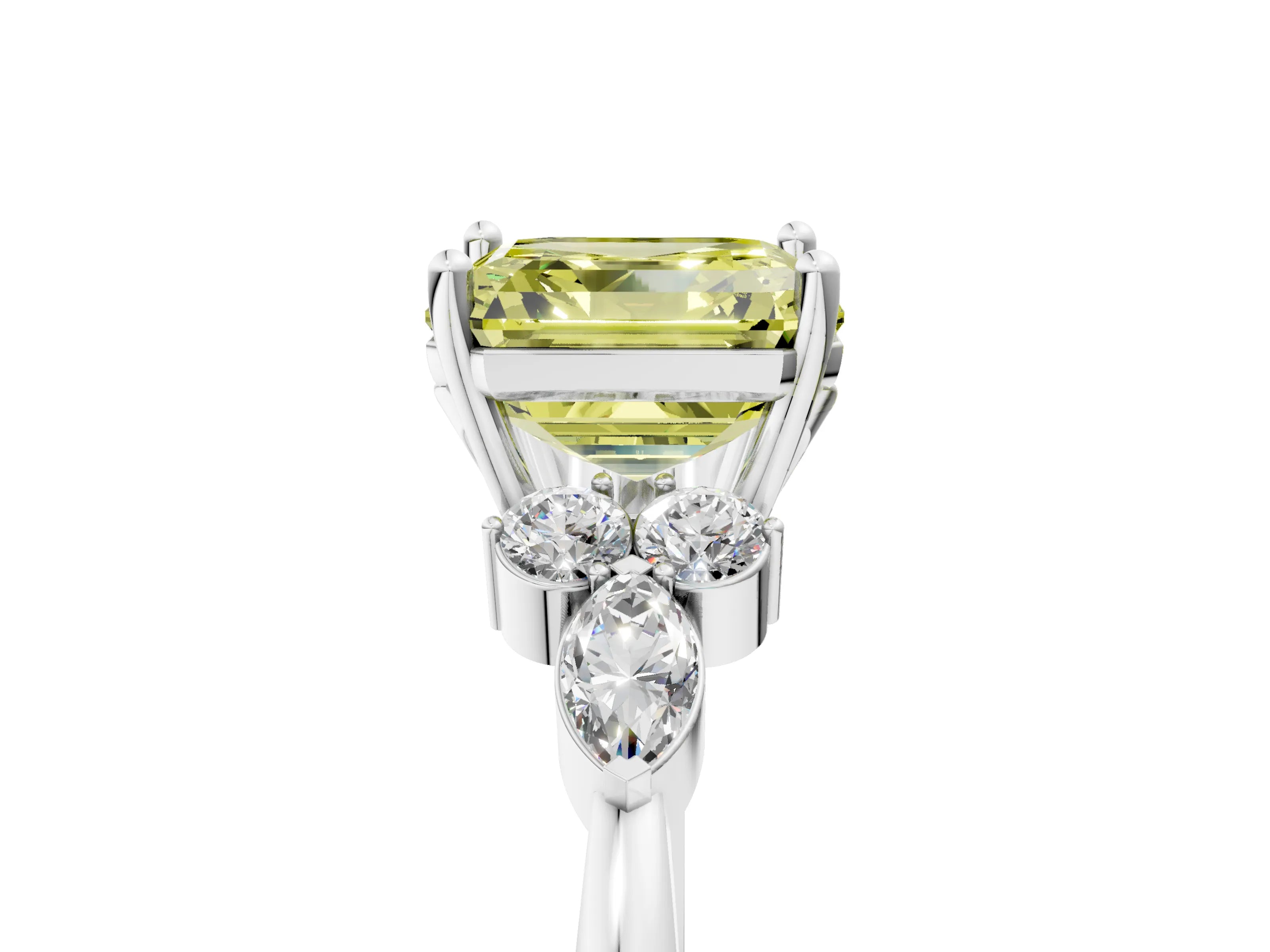 White gold Fancy Yellow Asscher Cut Brilliant Diamond Solitaire Ring with Pear Side Stones and Four-Prong Setting_11