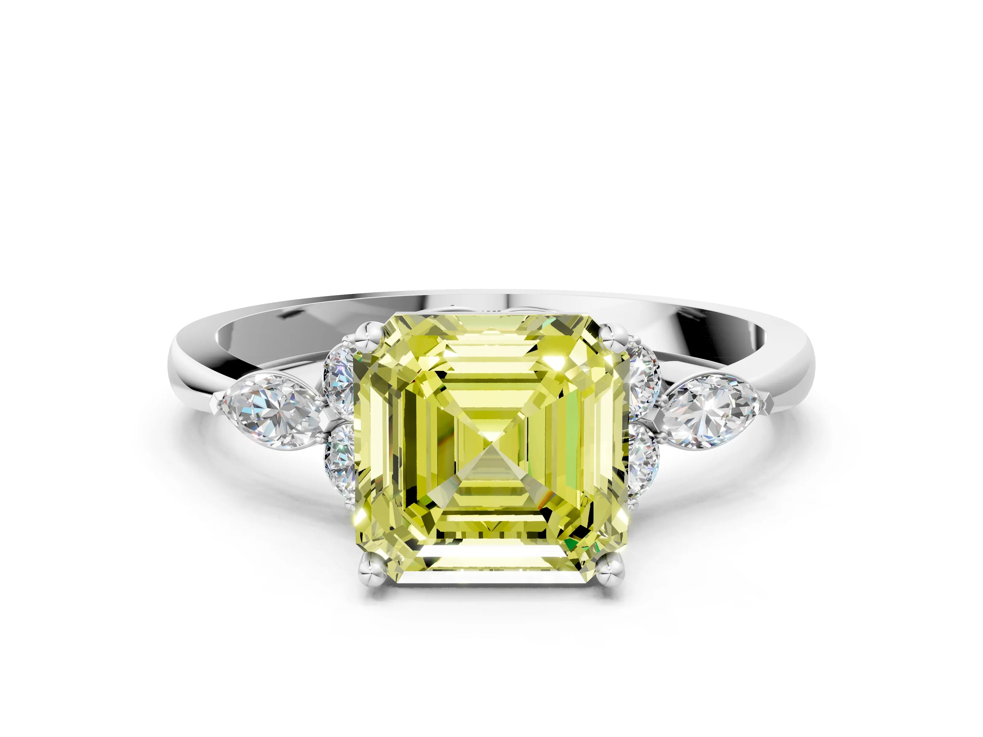 White gold Fancy Yellow Asscher Cut Brilliant Diamond Solitaire Ring with Pear Side Stones and Four-Prong Setting_18