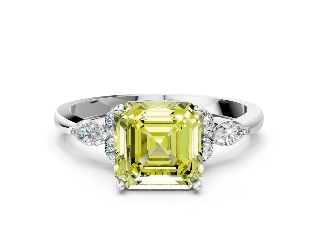 White gold Fancy Yellow Asscher Cut Brilliant Diamond Solitaire Ring with Pear Side Stones and Four-Prong Setting_18