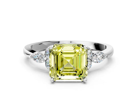 White gold Fancy Yellow Asscher Cut Brilliant Diamond Solitaire Ring with Pear Side Stones and Four-Prong Setting_18