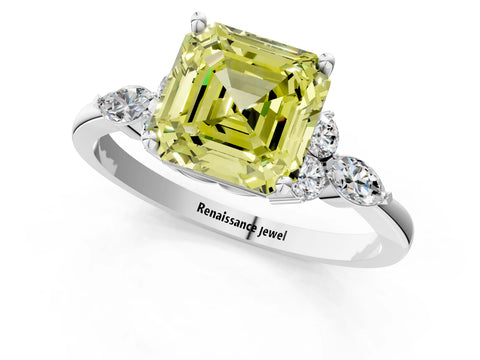 White gold Fancy Yellow Asscher Cut Brilliant Diamond Solitaire Ring with Pear Side Stones and Four-Prong Setting_19