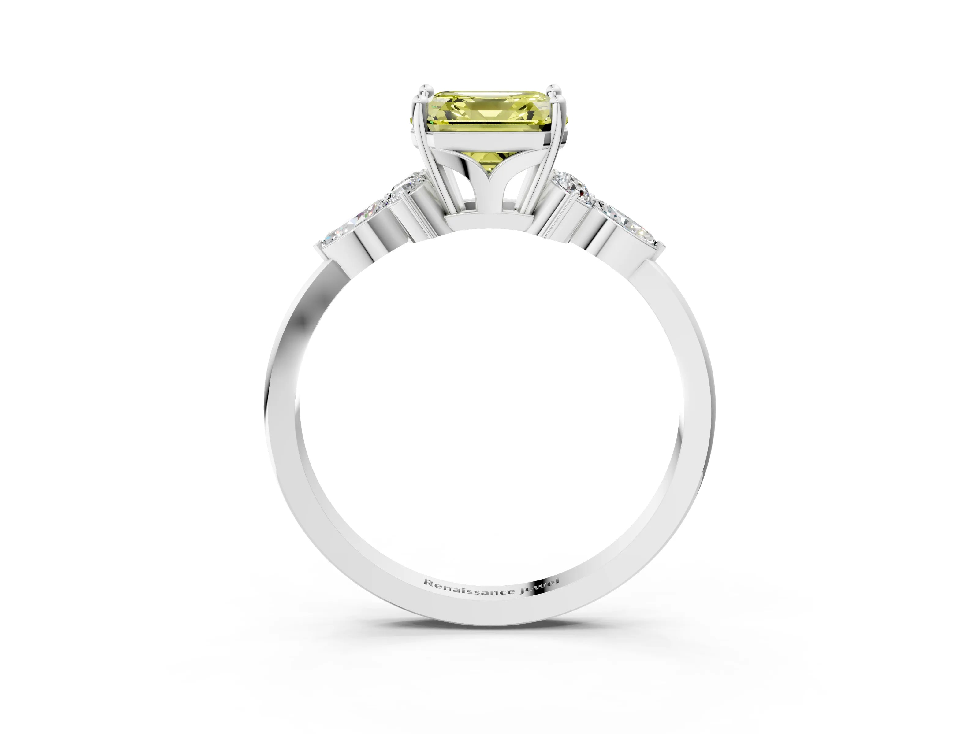White gold Fancy Yellow Asscher Cut Brilliant Diamond Solitaire Ring with Pear Side Stones and Four-Prong Setting_21