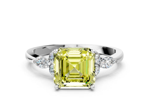 White gold Fancy Yellow Asscher Cut Brilliant Diamond Solitaire Ring with Pear Side Stones and Four-Prong Setting_6