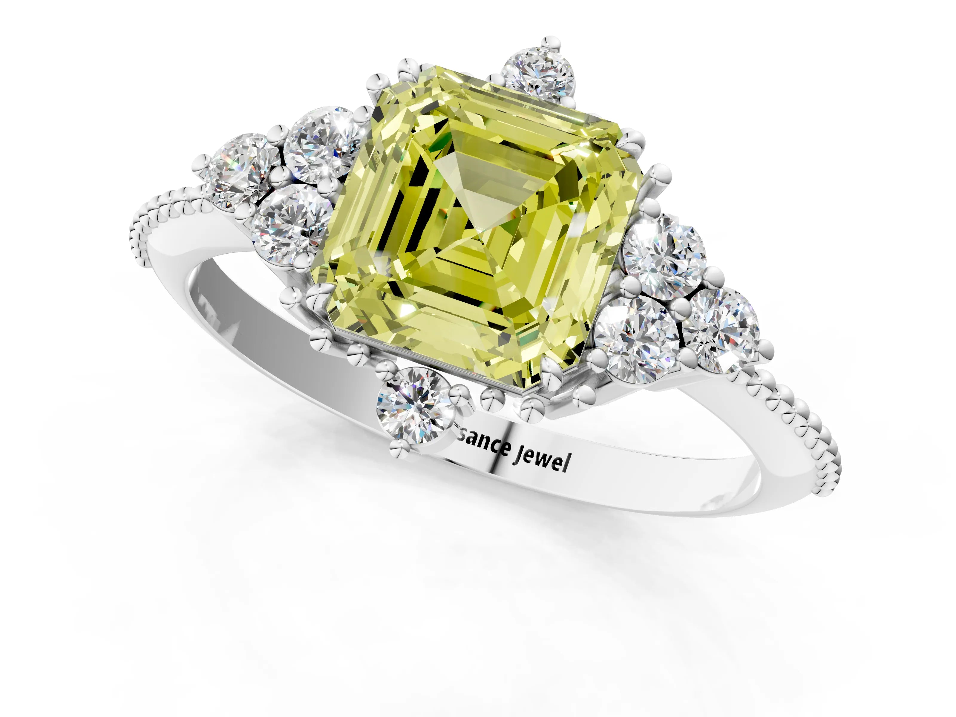 White gold Fancy Yellow Asscher Cut Brilliant Diamond with Cluster Setting on a Beaded Band and Four-Prong Setting_1